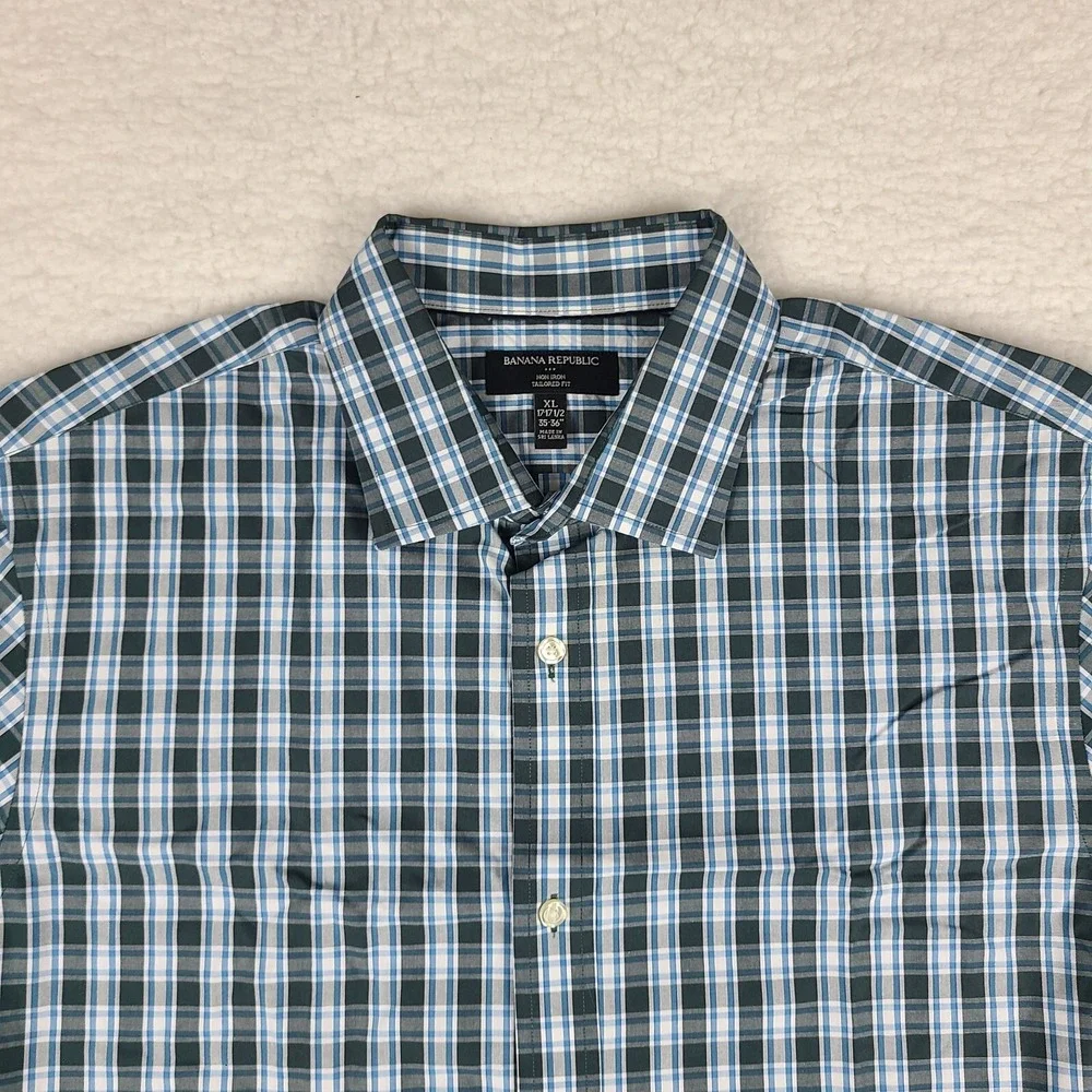 Banana Republic Shirt Mens XL Blue Dark Green Plaid Tailored Fit Dress Button Up